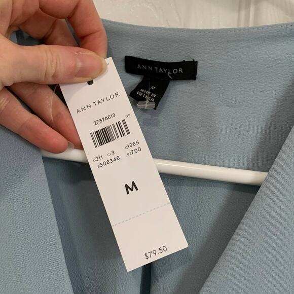 Ann Taylor NWT Baby Blue Draped Front Short Sleeve Wrap Blouse Medium - Picture 7 of 8